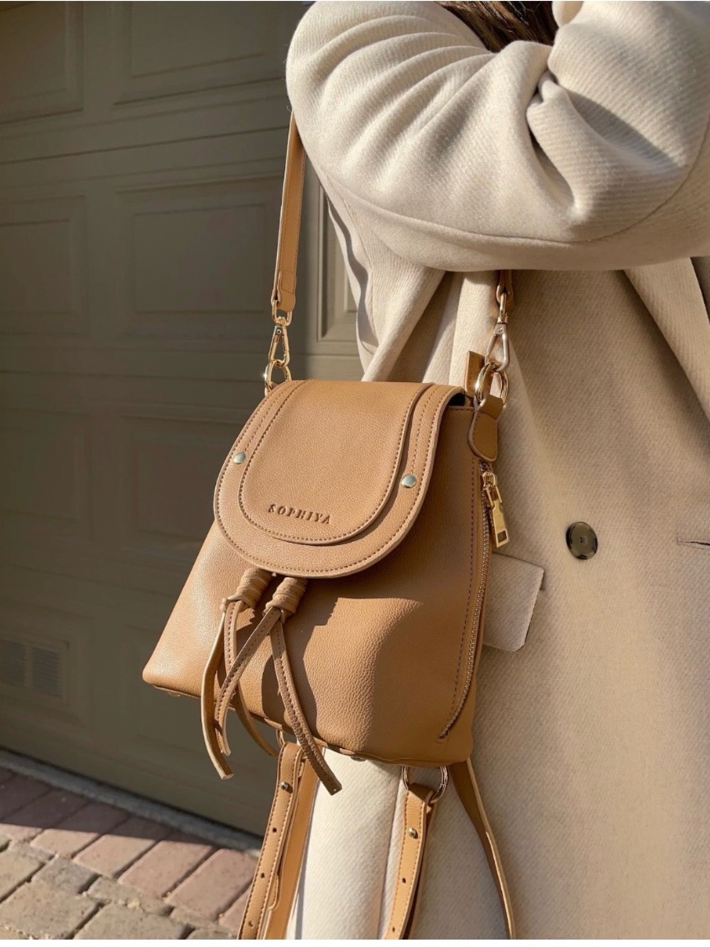 Zoe Tan Leather Crossbody Backpack from Sophiya